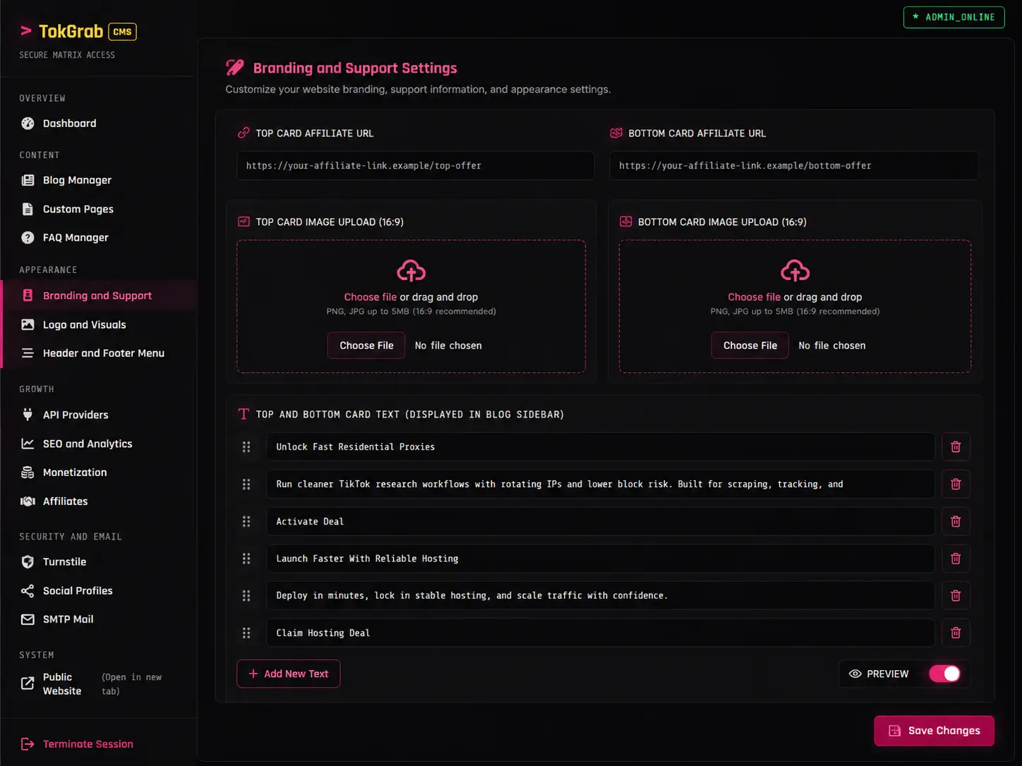 TokGrab ad and monetization settings